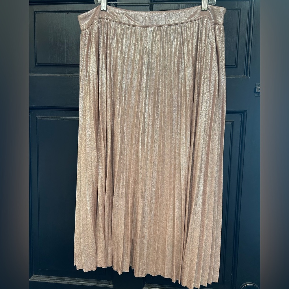 Skies Are Blue Shimmering Blush/Rose Gold Metallic Foil Pleated A-Line Skirt